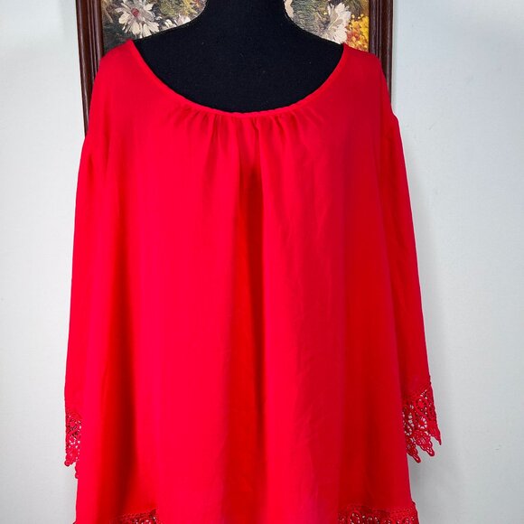 Unique Spectrum Tops - Unique Spectrum Blouse Top Women's 3X Boat Neck 3/4 Sleeve Red Lace Hem Casual